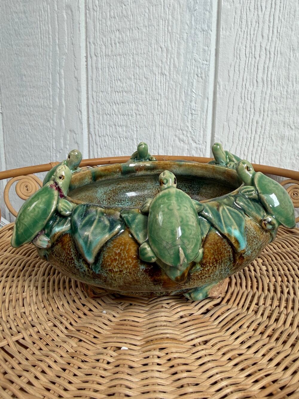 Vintage Studio Art Pottery Turtle Bowl Planter Applied Turtles Green Glaze